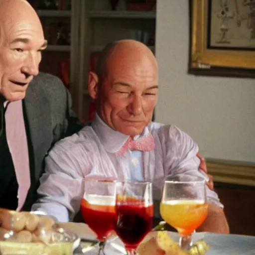 Image similar to fat patrick stewart in a dress drinking alcohol