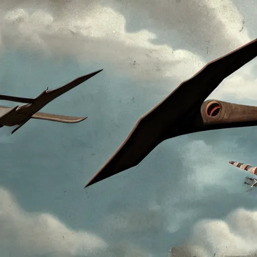 Image similar to a detailed matte painting of a pterodactyl flying with nazi messerschmitt in a bombing raid, 8 k, artstation, art in a turn of the century pulp novel style