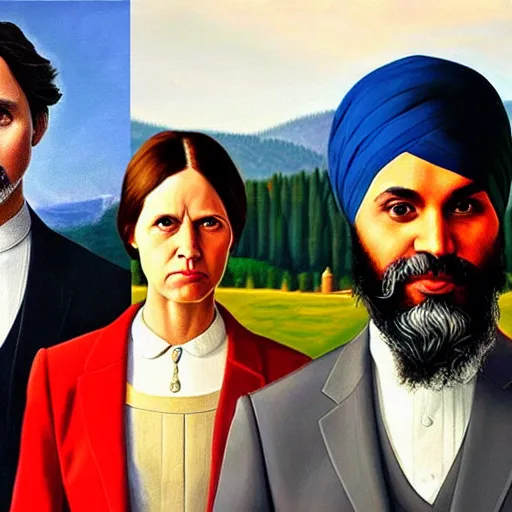 Image similar to Justin Trudeau next to Jagmeet Singh, pictured in the american gothic painting, concept art, sharp focus, highly detailed digital painting by Grant Wood, artstation