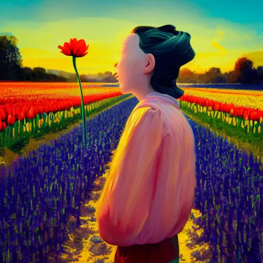 Image similar to girl with a giant tulip head, surreal photography, flower field, sunset dramatic light, impressionist painting, colorful clouds, blue sky, digital painting, artstation, simon stalenhag