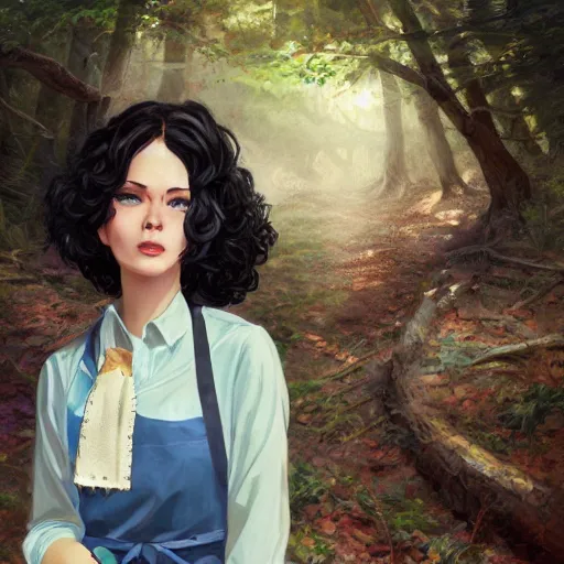 Image similar to a portrait of a 1 9 6 0 s woman with curly black hair and blue eyes, and an apron in the forest, dynamic lighting, fantasy concept art, trending on art station, stunning visuals, cinematic, ultra detailed