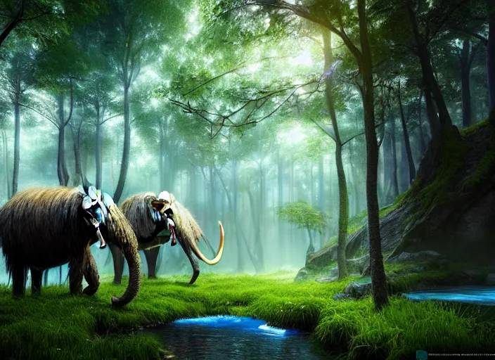 Prompt: hyperrealism, detailed textures, photorealistic 3 d render, a surreal mystical forest with a bright winding blue creek, wooly mammoths grazing, ultra realistic cinematic, intricate, cinematic light, concept art, illustration, art station, unreal engine
