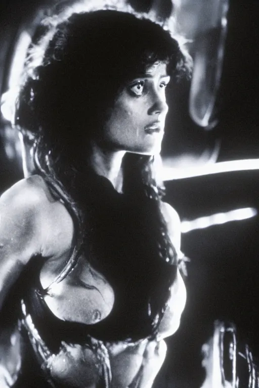 Prompt: film still of salma hayek in the movie Alien, xenomorph swallowing her, scary, cinematic shot, 4k.