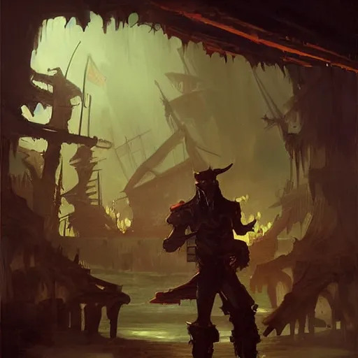 Prompt: An alien walks into a pirate tavern, fantasy art by Greg Rutkowski