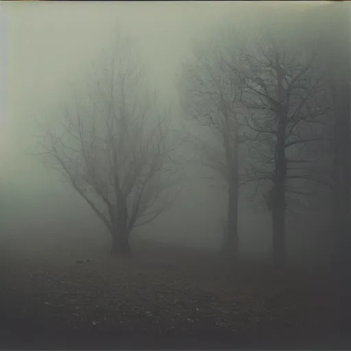 Image similar to the fog is thick shelter for ghosts, polaroid photography in style of andrey tarkovski, eerie, mystical, sublime