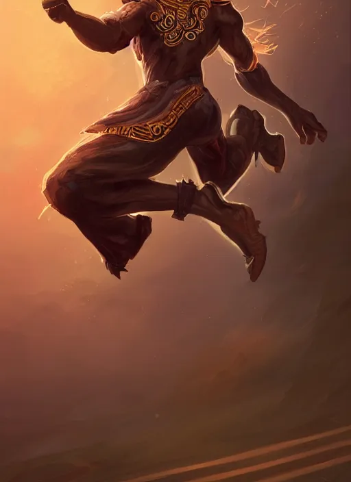 Image similar to a highly detailed illustration of attractive young african fire god with flat top hair, wearing track and field suit, heroic jumping pose, intricate, elegant, highly detailed, centered, digital painting, artstation, concept art, smooth, sharp focus, league of legends concept art, wlop