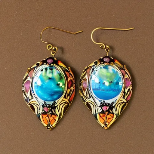 Prompt: highly detailed artnouveau earrings with porcelain ornaments