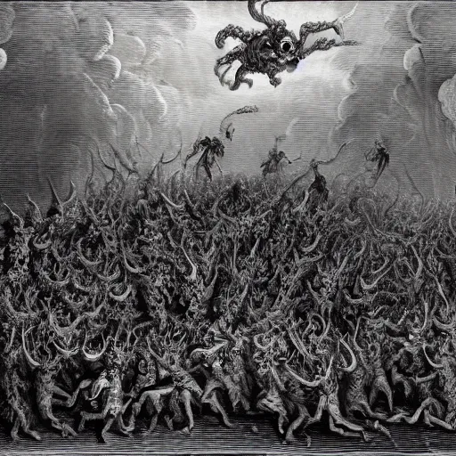 Image similar to A wide shot of a swarm of demons flying up from the depths of Hell in the style of Gustave Dore