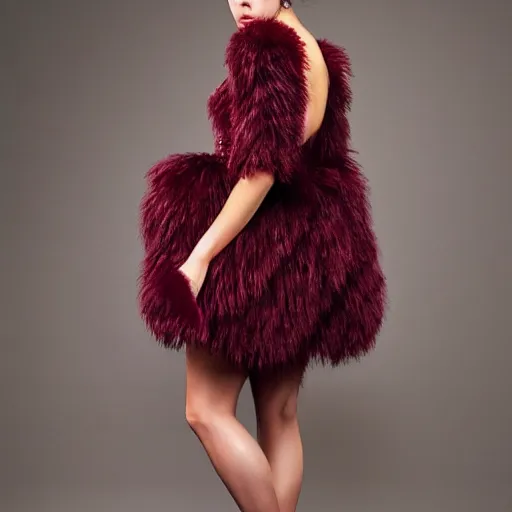 Prompt: a light feminine dress made of feathers and burgundy fur, fashion design