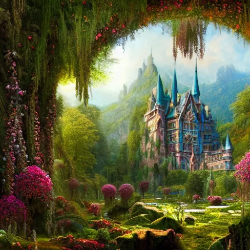 Image similar to a beautiful and highly detailed matte painting of a beautiful castle in a magical fantasy forest garden, colorful flowers and trees, psychedelic vegetation, epic scale, insanely complex, hyperdetailed, sharp focus, hyperrealism, artstation, cgsociety, 8 k, bright colors, by caspar friedrich, albert bierstadt, james gurney, brian froud,