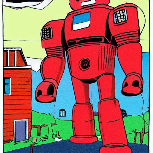 Prompt: giant red robot overlooking a barn comic book style