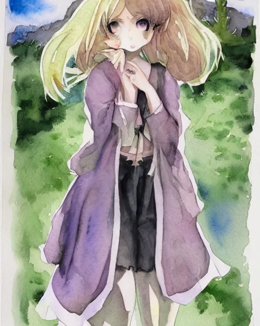 Image similar to a sheep girl, watercolor anime painting, full shot, perfect shading