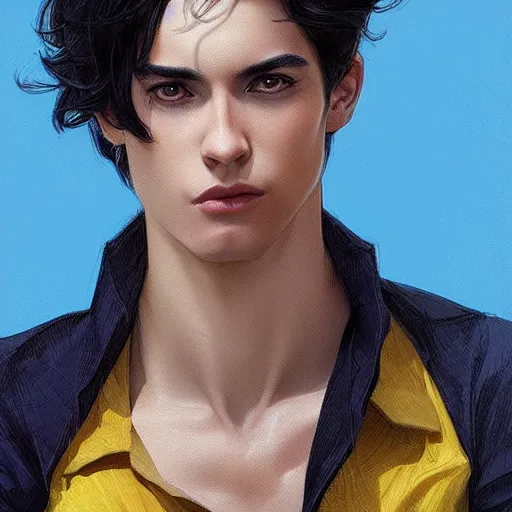 Prompt: ultra realistic illustration, a young man with black hair, in a checkered yellow shirt, with blue eyes, highly detailed, digital painting, artstation, concept art, smooth, sharp focus, illustration, art by artgerm and greg rutkowski and alphonse mucha