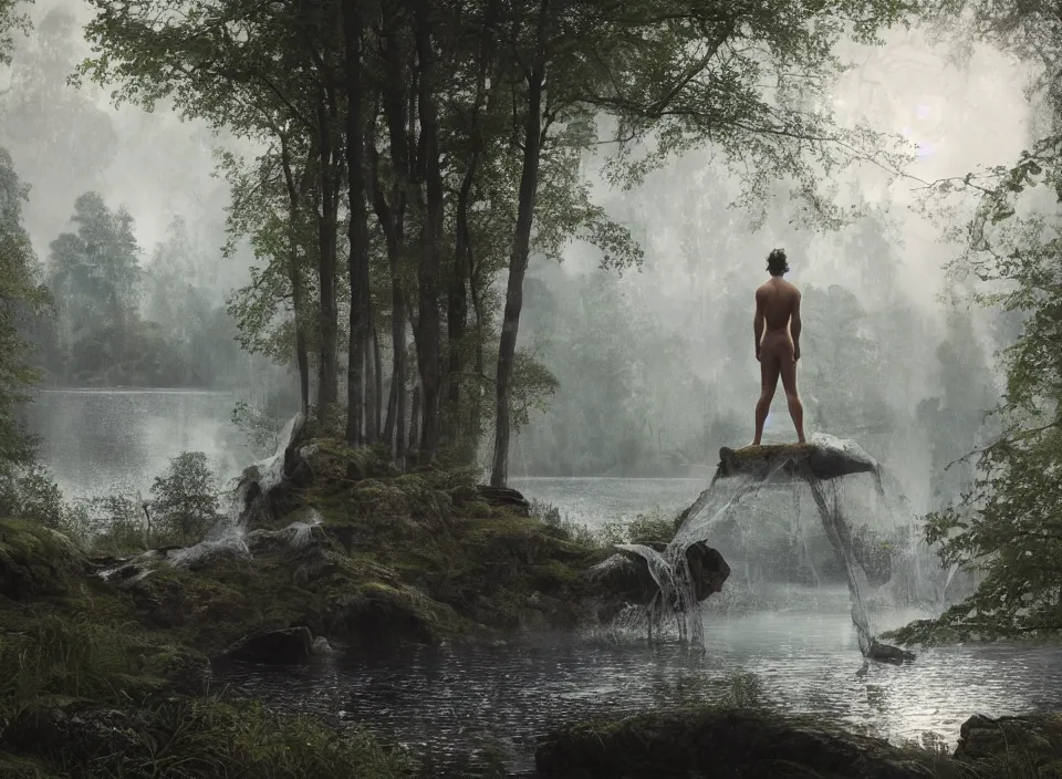 Prompt: fossegrim, scandinavian male water spirit, wearing lace and silk robe, around him is a lake, a forest in the background, fireflies, stars, natural lighting, octane render, super detailed, dusk, 8 k, by artgerm, by greg rutkowski, artstation