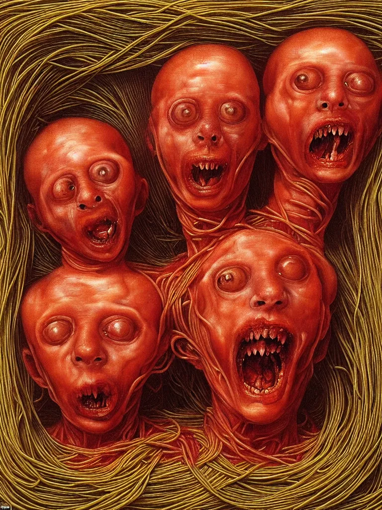 Image similar to siamese twins made of spaghetti sitting in a tub full of tomato sauce, looking straight into camera, screaming in desperation, by giuseppe arcimboldo and ambrosius benson, renaissance, intricate and intense oil paint, a touch of joseph cornell, beksinski and hr giger and edward munch, realistic