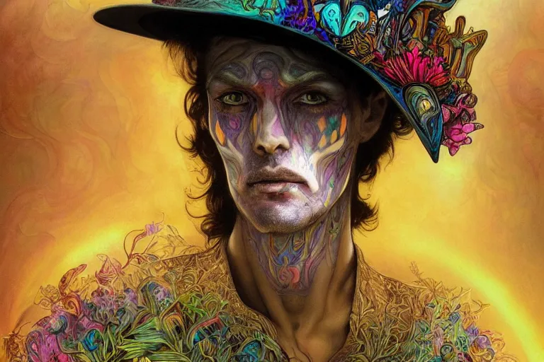 Image similar to An extremely psychedelic celestial undertaker in his black fedora hat, colorful, surreal, dramatic lighting, magic mushrooms, psilocybin, LSD, face, detailed, intricate, elegant, highly detailed, digital painting, artstation, concept art, smooth, sharp focus, illustration, art by Krenz Cushart and Artem Demura and alphonse mucha