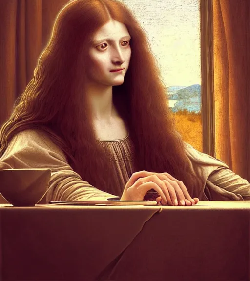 Prompt: portrait of a long - haired woman winning the lotterysitting upon a table with heightened detail, poised, intense emotion, detailed facial expression, detailed surroundings, intricate, elegant, highly detailed, centered, digital painting, artstation, concept art, smooth, sharp focus, illustration, by ( leonardo da vinci ), wlop
