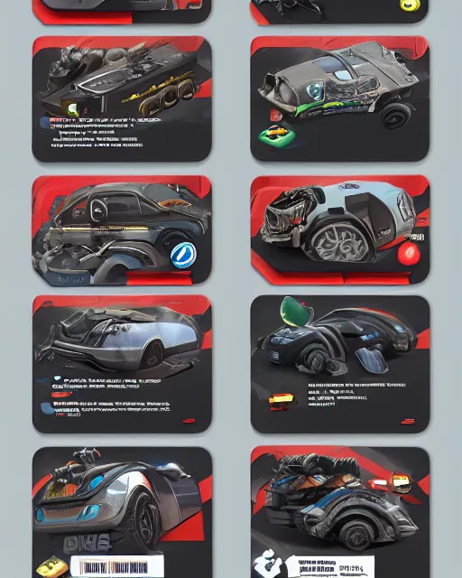 Image similar to car engine car parts concept art, cards, comic page, realistic fortnite, ui cards