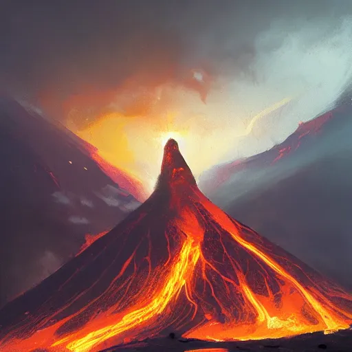 Prompt: a volcano dropping gold by greg rutkowski