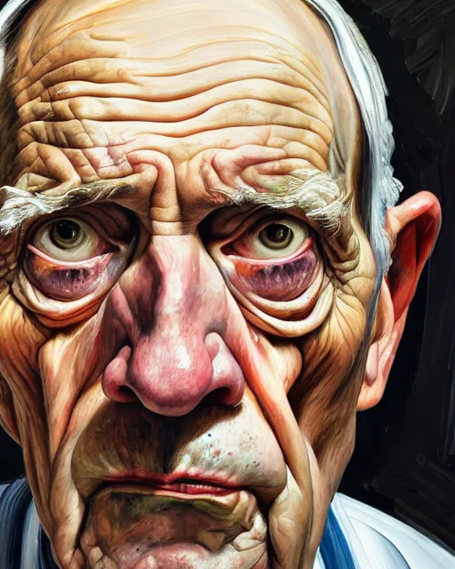 Image similar to a head and shoulders portrait a very ordinary old man with an sad expression, side angle, by Lucian Freud and Jenny Saville, oil painting, anatomically correct, beautiful perfect face, visible brushstrokes, sharp focus, Highly Detailed, Cinematic Lighting, 8k, HD