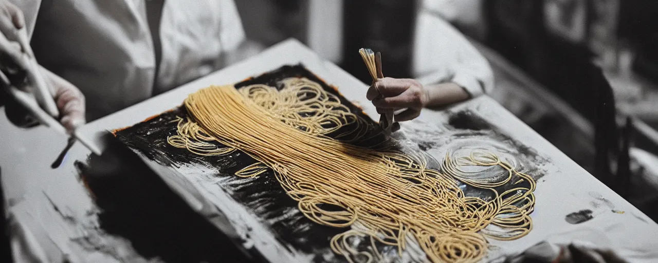 Image similar to an artist painting with spaghetti on a canvas, canon 5 0 mm, cinematic lighting, photography, retro, film, kodachrome, closeup