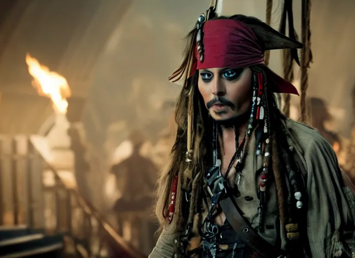 Image similar to film still of Margot Robbie as Captain Jack Sparrow in new Pirates of the Caribbean movie, 4k