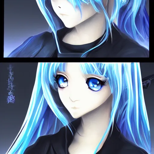 Prompt: beautiful female wizard, blue eyes, black clothing, daughter of death, cute, anime cartoon drawing, highly detailed, featured on artstation