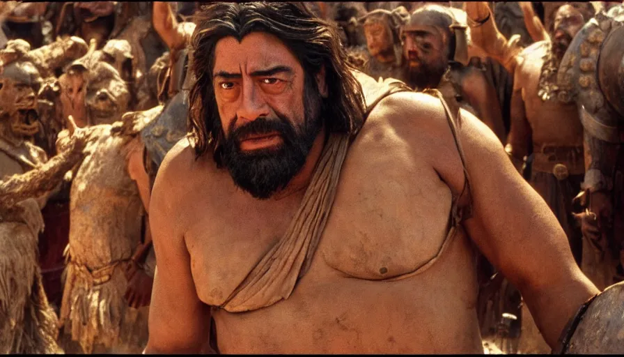 Image similar to movie still by peter jackson of javier bardem as gilgamesh, ziggurat, sumerian epic movie with sumerian monsters, fights, cinestill 8 0 0 t eastmancolor technicolor, high quality, very detailed, heavy grain, fine facial features, 8 k, octane render