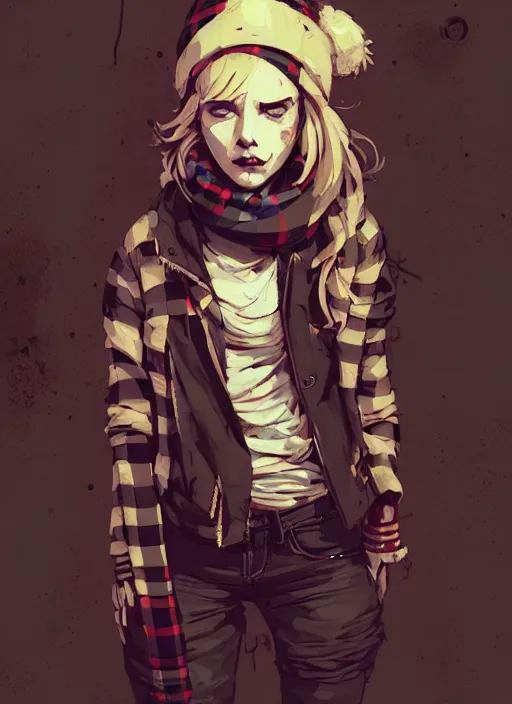 Image similar to highly detailed portrait of a sewer punk lady student, beanie, tartan scarf, wavy blonde hair by atey ghailan, by greg rutkowski, by greg tocchini, by james gilleard, by joe fenton, by kaethe butcher, gradient red, black, brown and cream color scheme, grunge aesthetic!!! graffiti tag wall background