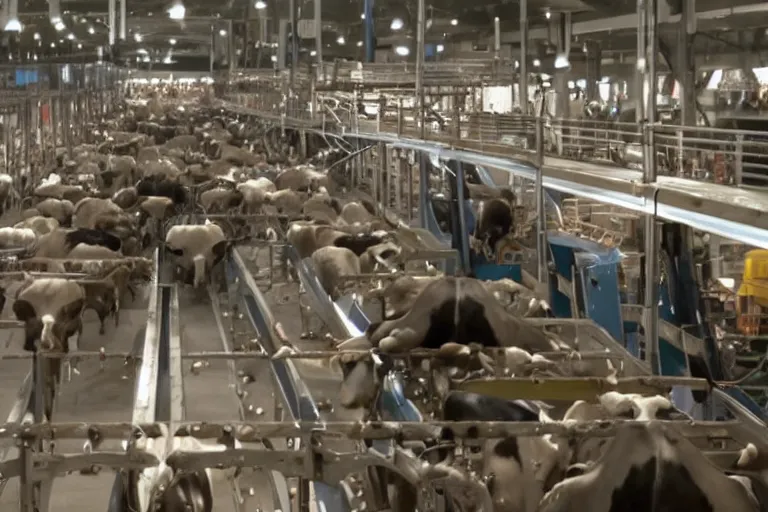 Prompt: industrial robot arms assembling cows on a conveyer belt, highly detailed, climatic lighting, photo still from movie