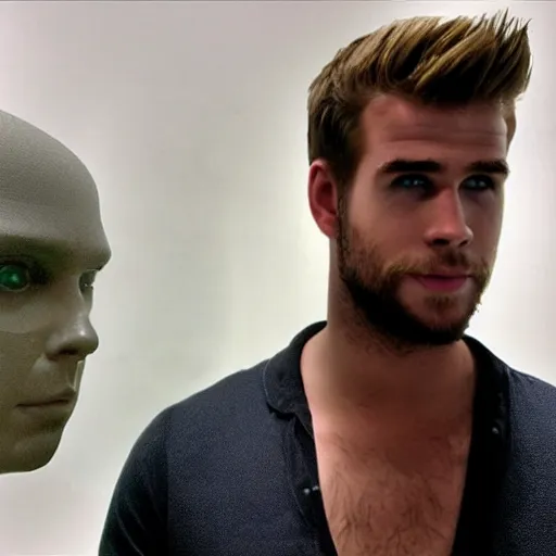 Image similar to “ a realistic detailed photo of a guy who is an attractive humanoid who is half robot and half humanoid, who is a male android, actor liam hemsworth, shiny skin, posing like a statue, blank stare, at the museum, on display ”