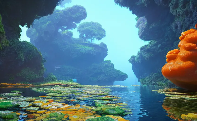 Image similar to a cave lake with some big orange fish inside, studio ghibli, pixar style, octane render, unreal engine 5, path traced, highly detailed, high quality, 8 k, soft lighting, godrays, complementary colors, natural lighting, water parallax, serene landscape, beautiful, elegant, digital painting