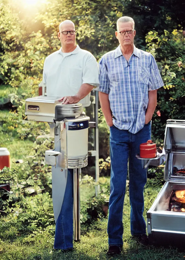 Image similar to live action hank hill standing next to a propane grill in a suburban backyard, portrait photo taken by annie leibovitz, dramatic lighting, 8 5 mm f / 2. 4, kodak portra, color film