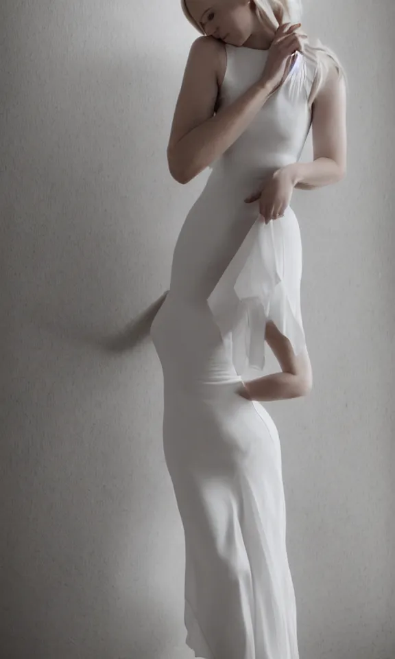 Image similar to photo of gorgeous seductive tall emily skinner cosplaying annie leonhart wearing elegant white dress, wearing open toe heels, in a white room, beautiful face, pale skin, rule of thirds, cinematic lighting, sharp focus, backlit, stunning, smooth, hard focus, full body shot, studio photo, shot on sony a 7 iii