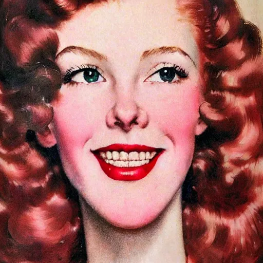 Prompt: tall, lithe woman, soft red hair, fair skin, norman rockwell, 1 9 4 0's, liberty curls, flushed cheeks, pink lips, beautiful smile, soft lighting, full body portrait, posing