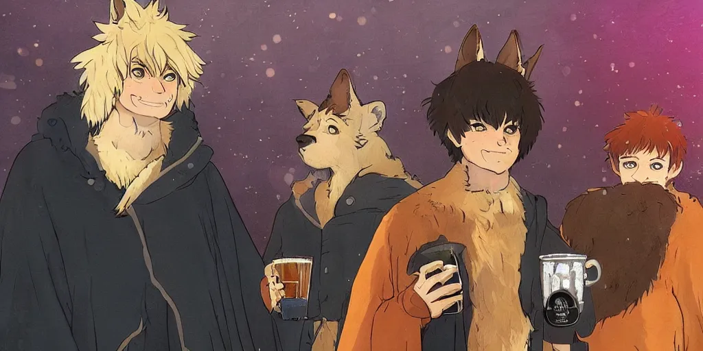 Image similar to a two german shepherds beast - men, holding a mug of beer, a lot of pockets, fur cape, tavern background, magical, bright, colorful, fantastic lighting, amazing details, 4 k uhd, illustration by hayao miyazaki and makoto shinkai and ilya kuvshinov, artstation, pixiv,