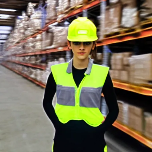 Prompt: photo, close up, emma watson in a hi vis vest, in warehouse, glitchy android cameraphone, 2 6 mm,