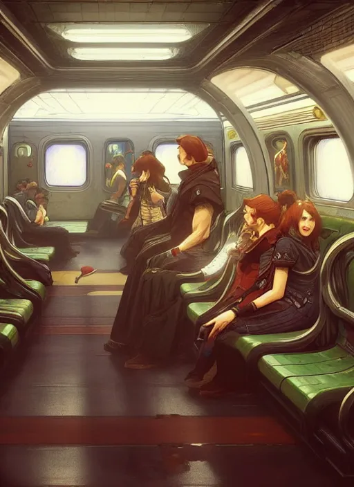 Image similar to perfectly - empty subway train interior, intricate, highly detailed, digital painting, artstation, concept art, smooth, sharp focus, illustration, unreal engine 5, 8 k, art by artgerm and greg rutkowski and alphonse mucha