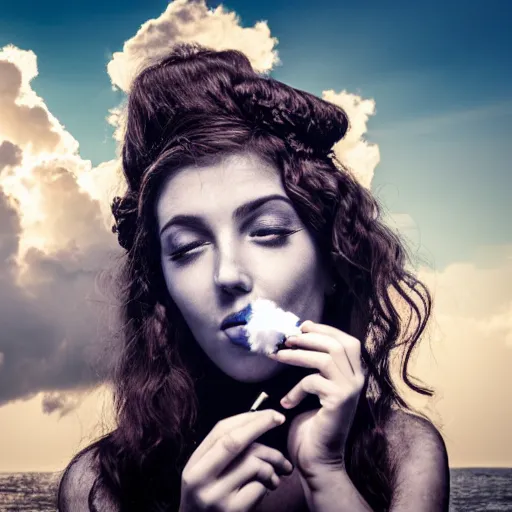 Image similar to goddess smoking a cigarette in the clouds