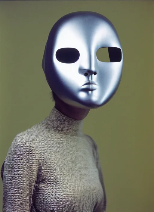 Image similar to a fashion portrait photograph of a woman wearing a metal mask designed by james turrell, 3 5 mm, color film camera,