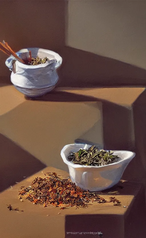 Image similar to dried herbs and scissors on the table, dittany in a small pot, on wooden table in the ray of sunshine, oil painting, sharp focus, high detailed, calm, warm lighting, sparkles, digital art, concept art, by Rutkowsky, baroque