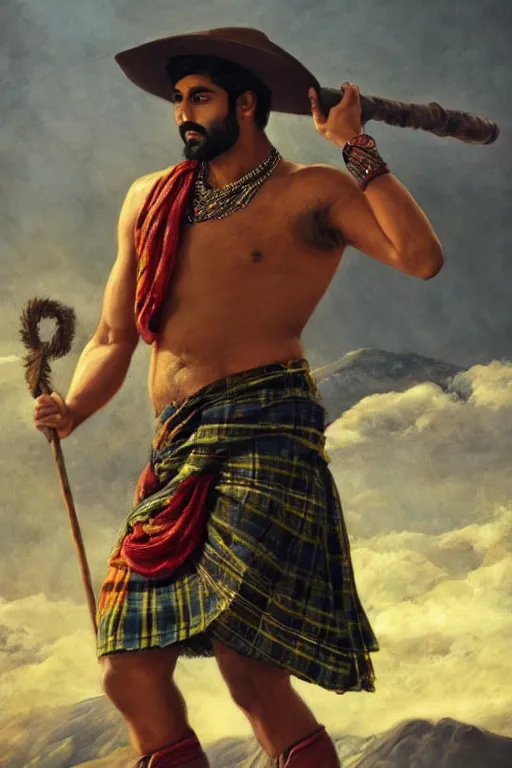 Prompt: a dramatic epic beautiful painting of a handsome shirtless desi man in the mountains | he is wearing a highland dress plaid kilt and cowboy hat, and holding a walking stick | background is mountains! and clouds | dramatic lighting, golden hour, homoerotic | by mark maggiori and walter crane | trending on artstation