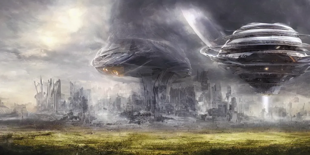 Image similar to future forest city attacked by spaceship, concept art, tornado, war,