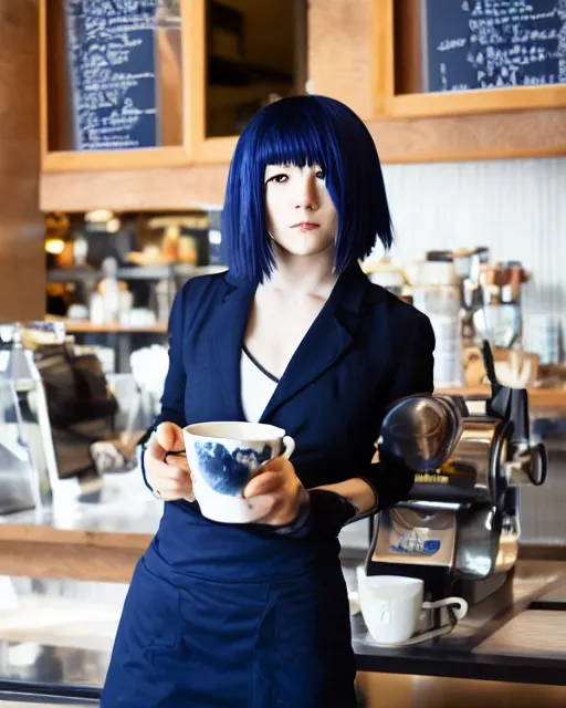 Prompt: touka kirishima from tokyo ghoul as a barista, in a coffee shop, dark blue hair, modern fashion, half body shot, photo by greg rutkowski, female beauty, f / 2 0, symmetrical face, warm colors, natural indoor lighting, depth of field