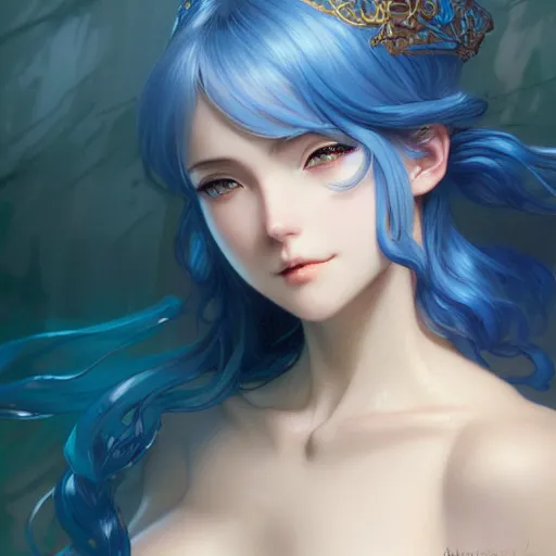 Image similar to anime girl, curvy body, blue hair, watery eyes, D&D, fantasy, intricate, elegant, highly detailed, digital painting, artstation, concept art, smooth, sharp focus, illustration, art by artgerm and greg rutkowski and alphonse mucha