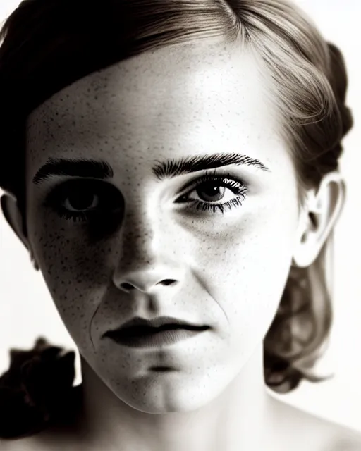 Image similar to symmetrical emma watson portrait cream white background, soft diffused light, bjork aesthetic, translucent, by rineke dijkstra, intricate details, highly detailed, masterpiece,