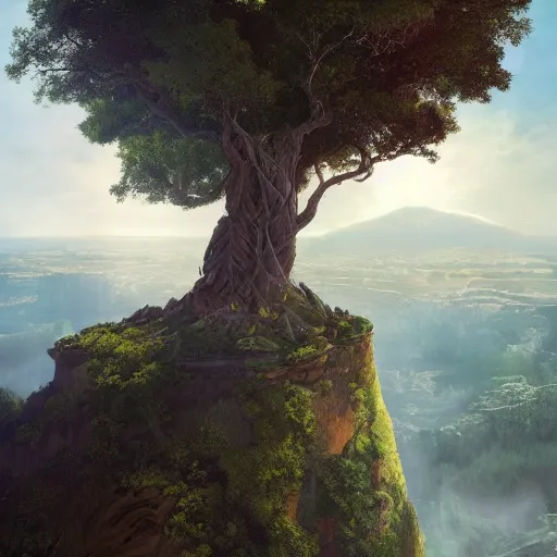 Image similar to gigantic tree on a cliff with ancient city below, above is astral world by quentin mabille