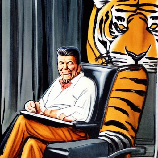 Image similar to [ ronald reagan sitting in chair... tiger ]