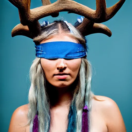 Prompt: A young female shaman, blue hair and antlers on her head. blindfolded, heilung, in the style of Heather