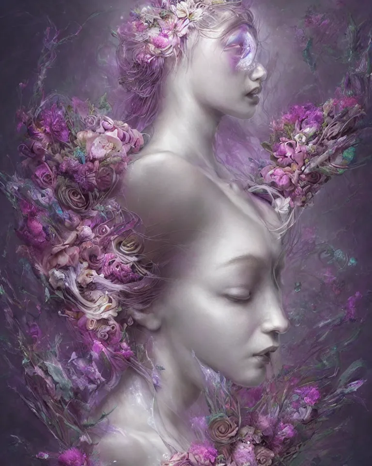 Prompt: a digital painting of interlaced gorgeous etherial female sculptures, made of mist, made of flowers, Andrew Ferez, Charlie Bowater, Marco Mazzoni, Seb McKinnon, Ryohei Hase, Alberto Seveso, Kim Keever, trending on cgsociety, featured on zbrush central, new sculpture, mystical